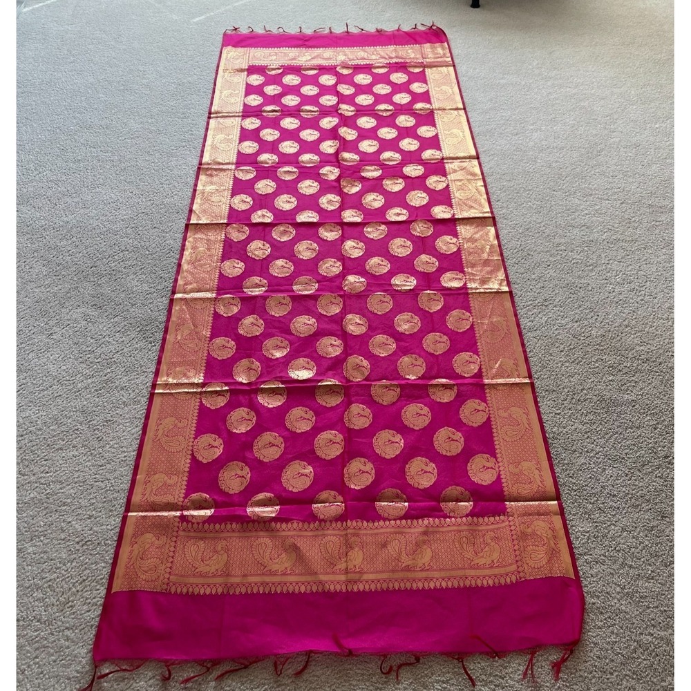 Pink Gold Silk Banarasi Dupatta Peacock Motif Indian Shawl Wedding Wrap Stole